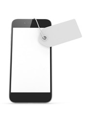 Smart phone with price tag on white background. Identification, price, label. 3D rendering.