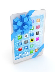 White tablet with blue bow and icons. 3D rendering.