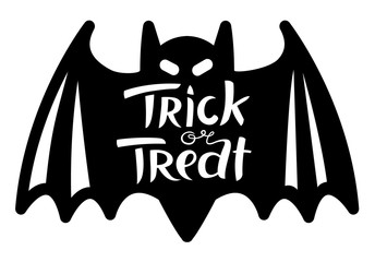 Trick or treat Halloween lettering composition with bat