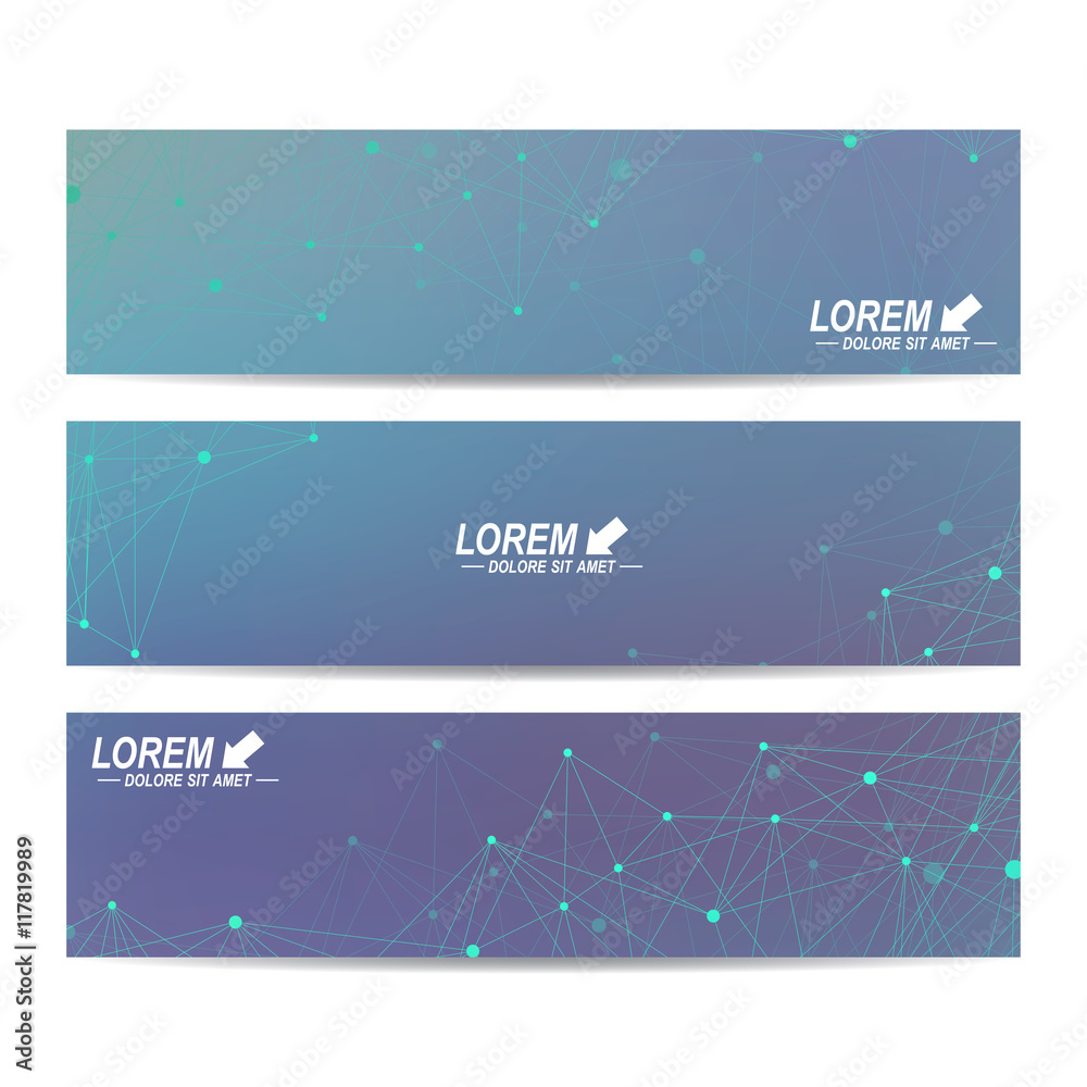 Poster Geometric abstract banners. Molecule and communication background for website templates. Backdrop with connected line whit dots. Vector illustration.