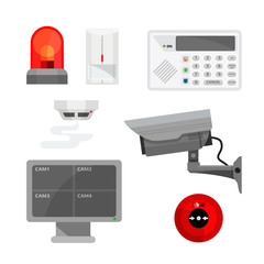 Set of different security system devices illustrations