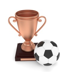 Isolated bronze cup with ball on white background. Soccer and football. Third place trophy. Game and competition. 3D rendering