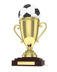 Golden cup and ball on white background. 3D rendering.