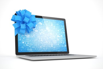 Laptop with blue bow and blue screen. 3D rendering.