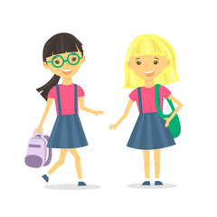 Cute school girls with school backpack. Vector Illustration.