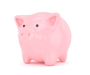 Pink shiny piggybank on white background. Concept of investment, savings and more. 3D rendering.