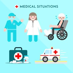 Medical situations set in flat style