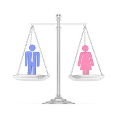 Isolated old fashioned silver pan scale with colorful man and woman on white background. Gender inequality. Equality of sexes. Law issues. Silver model. 3D rendering.