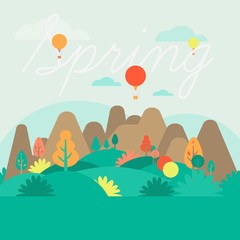Fototapeta na wymiar Cute spring landscape with mountains and balloons