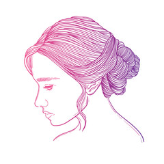 Vector fashion girl portrait. Female face with curly hair. Hand drawn engraved fashion girl portrait illustration.