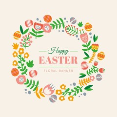 Hand drawn floral wreath with Easter eggs