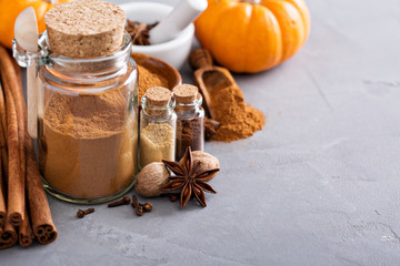 Pumpkin pie spice in a glass jar with ingredients
