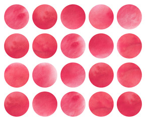 Watercolor circles in pink color isolated over white.