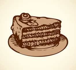 Piece of cake on saucer. Vector drawing