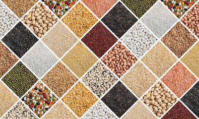 Various kinds of rice and legumes collage