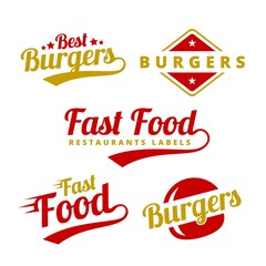 Burgers labels in red and yellow colors