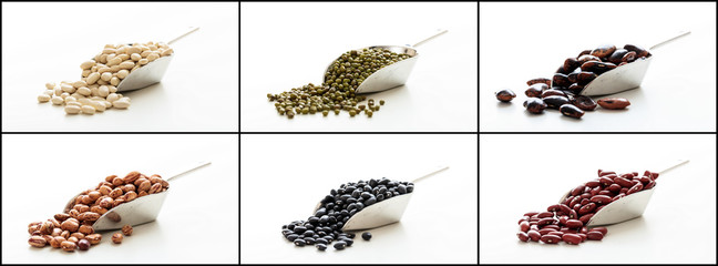 Various raw beans in metallic scoops collage