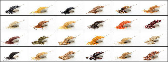 Various kinds of rice and legumes in metallic scoops collage