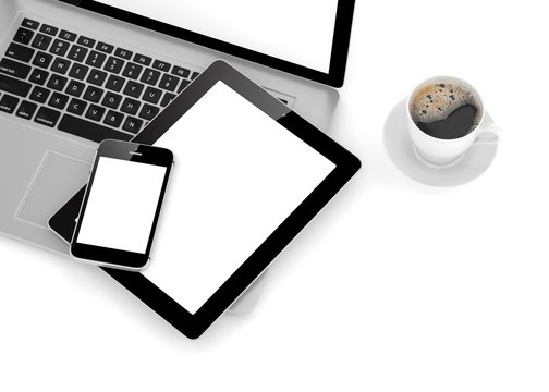 Laptop, phone, tablet pc and coffee. 3d rendering.