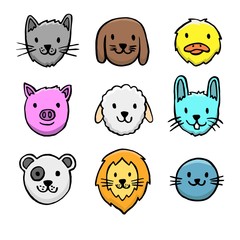 Hand drawn smiling animals avatar collection