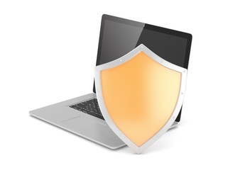 Laptop and shield on white, computer security concept. 3d rendering.