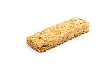 Oatmeal, almond and honey cereal bar isolated on white background