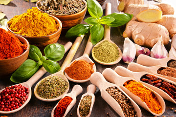 Variety of spices on kitchen table
