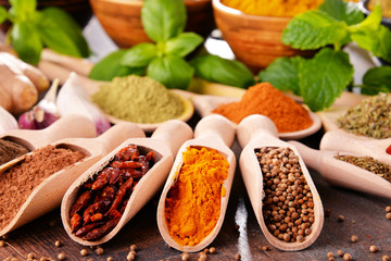 Variety of spices on kitchen table