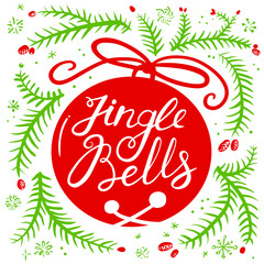 Jingle all the way lettering with bell. Christmas card