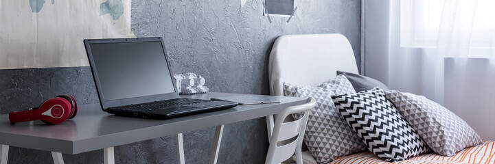 Grey landscape of a minimalist bedroom