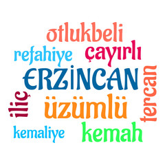 Conceptual vector of word cloud of Erzincan cities and towns in Turkey. The words are spread randomly, independent from real locations - Eps10 Vector and illustration