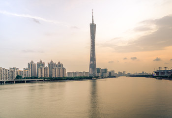 Reflection Of Canton Tower And Buildings On River