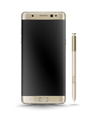 Perfectly detailed new gold smartphones galaxy note 7 style isolation with digital pen. Vector illustration.