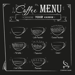 Vintage hand drawn coffee menu on black background vector illust