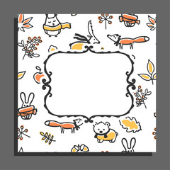 Greeting card template with autumn pattern and empty frame. Cute animals wear scarves, autumn leaves, acorns, berries
