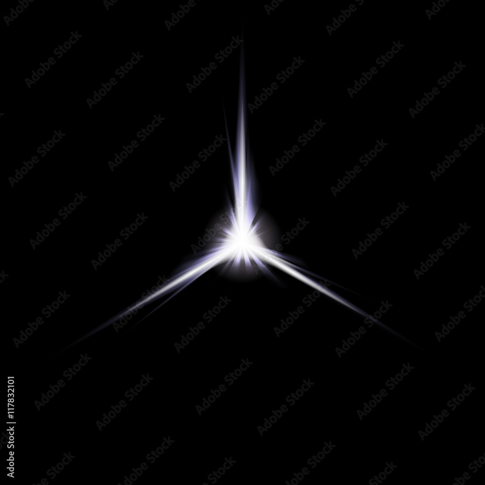 Sticker bright space object with three powerful light beams.