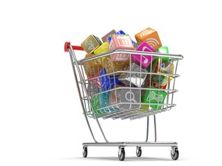 shopping cart with application software icons isolated on a white background. 3d rendering.