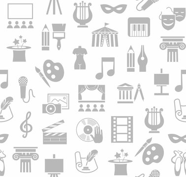 Art & culture, background, seamless, white. Vector background with images of objects of culture, leisure and entertainment. Grey, flat icons on white background. 