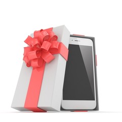 Smartphone in gift box. Isolated on white background. 3d rendering.