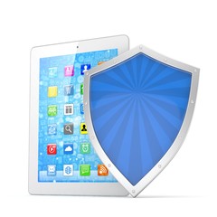 Tablet PC and shield on white device security concept. 3d rendering.