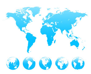 World map and set of Earth globe vector