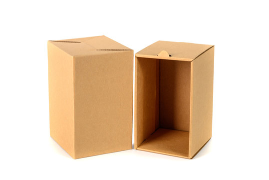 Brown cardboard box package with cover, isolated on white backgr
