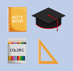 Notebook graduation cap colors ruler icon. School implements. Vector graphic