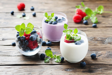 Healthy yogurt with berry and mint