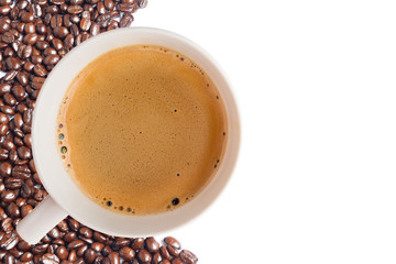 Hot coffee cup with clipping path and coffee beans top view on w