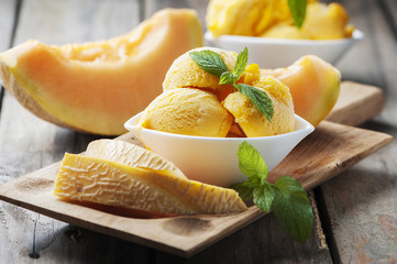 Fresh ice-cream with melon and mint