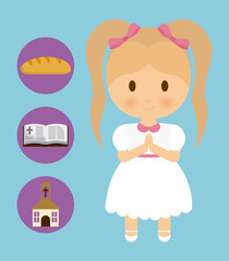 girl kid cartoon bread bible church icon. First communion concept. Flat and Colorfull illustration. Vector graphic