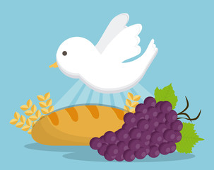 grapes dove bread wheat ear icon. First communion concept. Flat and Colorfull illustration. Vector graphic