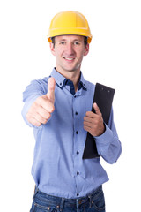middle aged handsome business man in yellow builder's helmet thu