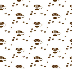 Seamless pattern with cup of coffee and coffee beans. Foam on the beverage surface in the form of a spiral. It can be used for coffee shop.